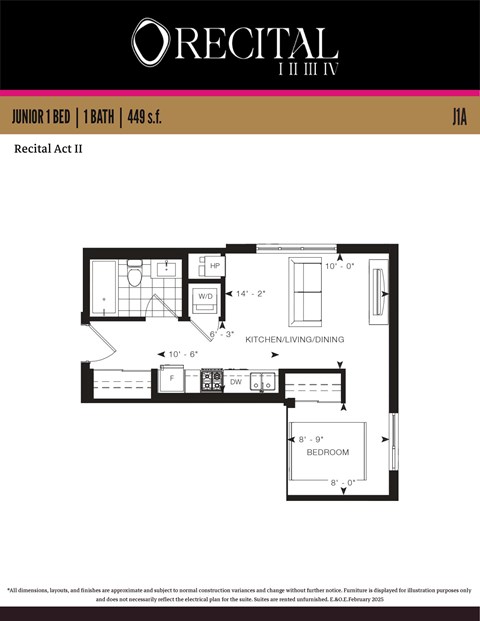 A floor plan for a junior one bedroom apartment.